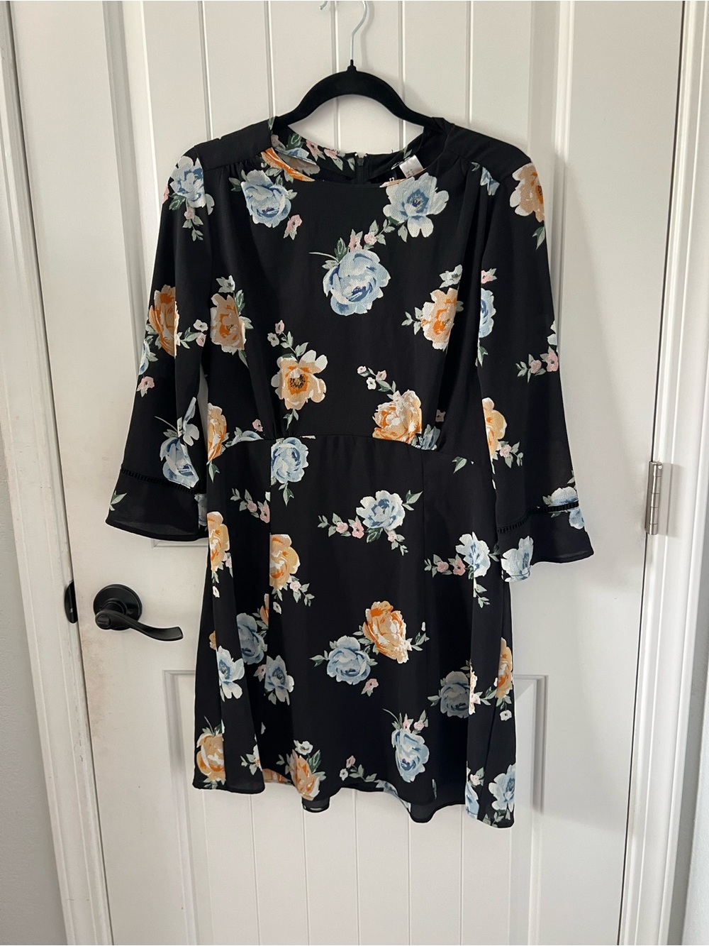 H&M Black Mini Dress with Blue and Yellow Floral Print